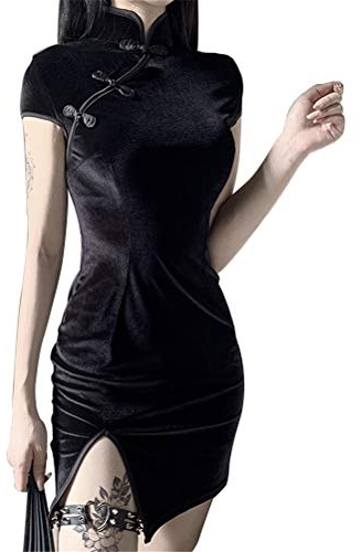 Women's Chinese Style Traditional Retro Sexy Velvet Short Sleeve Mini Split Cheongsam Qipao Dress for Women