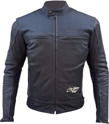 BI ESSE - MOTO Racing/Touring läderjacka, vintage stil, avtagbar termisk väst, komplett med skydd, Svart, XS-4XL