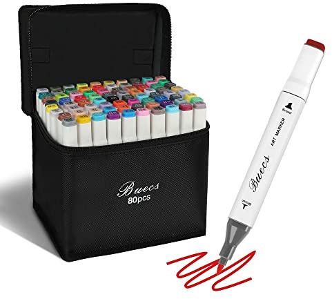 Buecs Alcohol Markers Brush Tip: Double Tipped Art Marker, 80 Count, suitable for Adults Artists Painting, Coloring Drawing Sketching, Multicolor