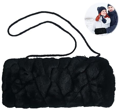 Manguito de invierno, calentador de brazos de piel sintética, calentador de manos de felpa negra, práctico calentador de manos con cremallera de cordón para mujeres, hombres, para uso al aire libre