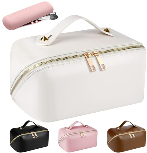 Neceser Maquillaje,Grande Neceser Viaje Mujer de PU Neceser Cuero,Makeup Bag,XXL Organizador Bolsa de Aseo para Maquillaje Necessaire Viajes Accesorios de Mujer(Liso-Blanco)