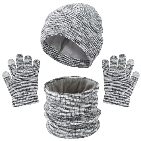 QKURT Niños Conjunto de guantes Beanie Hat, conjunto de guantes de sombrero de punto Gorra térmica de invierno con guantes de pantalla táctil de bola de pelo de color para 5-10 años