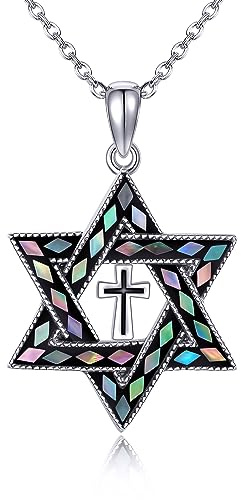 DAYLINLOVE Davidsstjärna Halsband 925 Sterling Silver Korsa Hexagram Abalone Shell Hänge Halsband Religiösa Kristna Smycken Gåvor för Kvinnor Män Unisex David Star Of David Lover