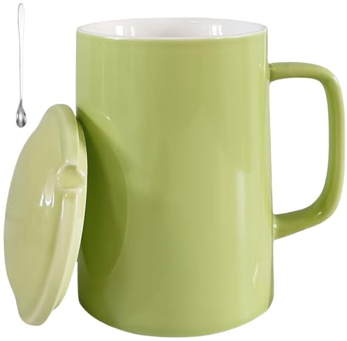 NIUKOMY Mug Geant 1 Litre, Très Grande Tasse 1000ML en Céramique, Tasse à Café Extra Large avec Couvertures et Cuillère, Super Big Mug, Vert Clair
