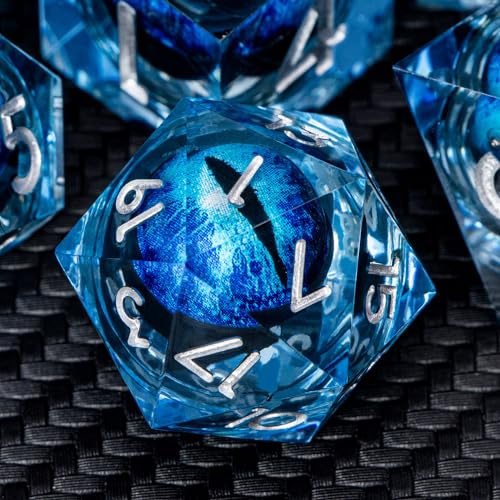 ARUOHHA Jeu de dés DND œil de dragon bleu en résine à bords tranchants avec boîte cadeau, dés polyédriques D&D faits à la main pour jeu de rôle D20 D12 D10 D8 D6 D4