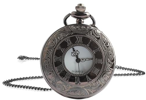Jinpojun Cadena Reloj de Bolsillo Vintage con Cadena Corta 40CM, Antigua Roma patrón Relojes de Bolsillo para Hombre Mujer, Cumpleaños, Aniversario, Navidad, Día del Padre (Negro)