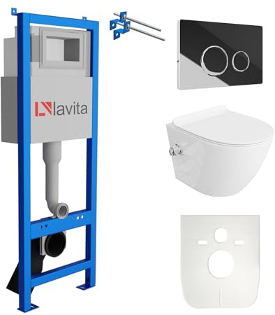 Lavita LAV 101 Élément de paroi avant pour WC 40 cm + WC suspendu profond Salto blanc sans bord + panneau de commande LAV 200.4.2 chromé + abattant WC avec système d'abaissement automatique Kit
