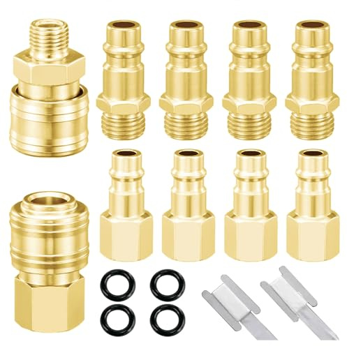 Ylinwtech 10 Piezas 1/4 BSP Conector de Manguera Enchufe,Con anillo Hermético+ cinturón de materia prima,Conector de Aire Conector de Aire Conector,Para Conectores de Compresores Europeos (oro)