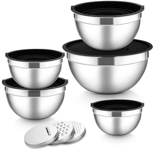 Herogo Rührschüssel 5er Set Schwarz, Edelstahl Schüssel mit luftdichten Deckeln, Metall Salatschüssel mit 3 Reibenaufsätzen zum Zubereiten/Backen/Servieren/Aufbewahren/Mixen, Spülmaschinenfest