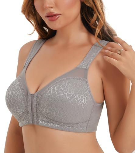Curyon Women's Front Closure Back Support Minimiser Bra Full Figure Jacquard Grey 34DD
