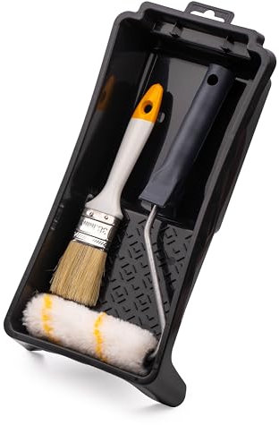 MIVOS Set de pintura práctico 4 piezas - Rodillo de pintura 10cm - Brocha para emulsiones - Bandeja de pintura 28x16cm - Pinza para pintar 27cm - Set de pintura - MADE IN EU