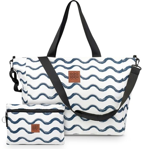 Large Beach Tote Set for Moms & Families - 2-in-1 Foldable, Sandproof Travel Bag with Waterproof Pouch for Wet Suits, Crossbody Strap & Zipper Pockets - Perfect for Pool Days, Cruises, Airport - Navy