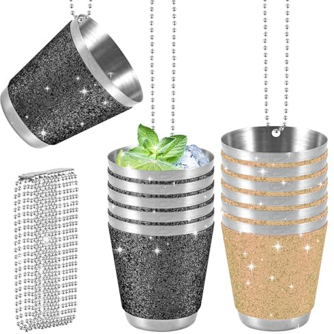 LEKEFETO Bicchieri da liquore in acciaio inox, 30 ml, da 12 pezzi, da portare a tracolla, bicchierini da liquore con catena, per matrimoni, addio al celibato, festa di carnevale, colore giallo e nero