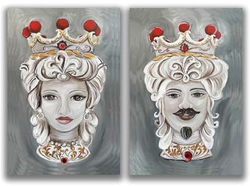 DIAMOND HOME Dipinto a Mano Acrilico su Tela Struttura in legno | Quadro Materico Rettangolare con Dettagli in Rilievo | Set da 2 Dipinti (35 x 50 CM) Made in Italy SET TESTE DI MORO Grey
