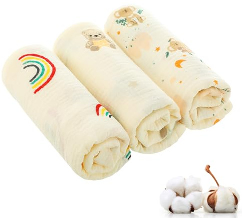 Kaisibum 3 Stück Mulltücher Baby 75X75cm Musselintücher 100% Baumwolle Spucktücher Baby Mullwindeln zum Reinigen Abwischen und Abdecken von Neugeborenen,weich,saugfähig und atmungsaktiv