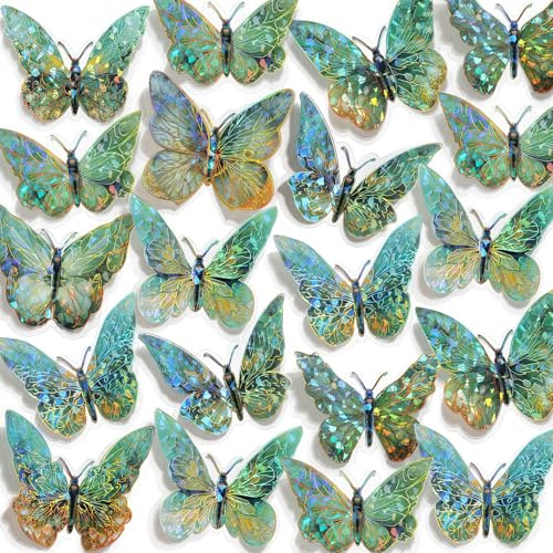 RAINBOW WSK 50 PCs Butterfly Wall Decor Cute Fairy Butterflies Wall Stickers 3D Butterflies for Birthday Cake Wedding Party Craft Room Decor Removable DIY Wall Decals sm- (Green)
