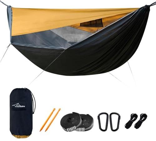 Travel Bird Camping Hammock with Mosquito Net Sunshade and Ridge Rope, 290 * 140CM Large Space, Portable Lightweight Hanging Hammocks with Tree Straps for Outside, Hiking, Travel and Backpacking