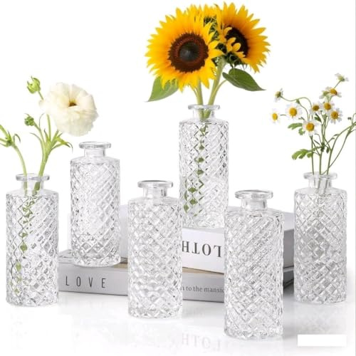 M.J COMFY-LIFE Glass Bud Vases Set of 6, Small Vintage Flower Vases for Centerpieces (5.5 x 13 cm)