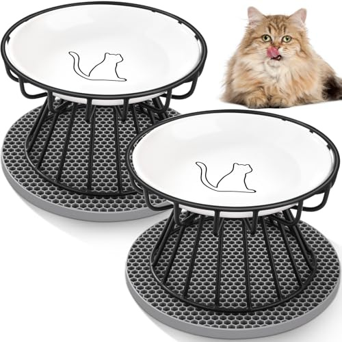 Otauoaea Set de 2 Comedero Gato Elevado, Plato Gato Plano de Cerámica con Soporte y Alfombrilla Antideslizante, Cuenco para Gatos Que Alivia la Fatiga de los Bigotes (C-Negro)