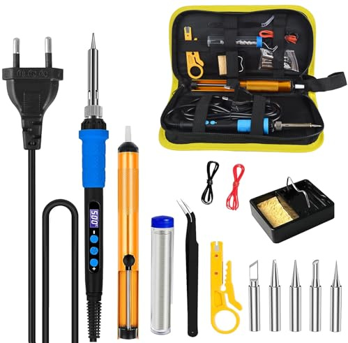 Lötstation 90W mit LCD-Temperaturregelung (180-500°C) - Lötkolben Set inkl. 5 Lötspitzen, Entlötpumpe, Seitenschneider, Lötständer & Pinzette - Schweißzubehör