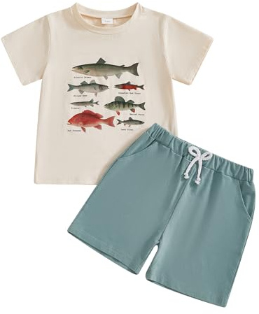Fernvia Toddler Baby Boy Summer Clothes 2T 3T 4T Animal Print Short Sleeve T-shirts Tops + Drawstring Shorts Outfits (B-Lake Blue Fish, 18-24 Months)