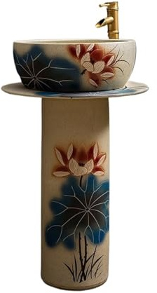Lavandino su piedistallo Bellissimo lavandino da pavimento con piedistallo, rubinetto e kit di scarico, lavabo in ceramica for esterni