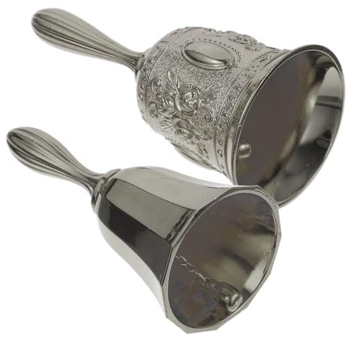 CALLARON Lot de 2 Cloches Rétro en Métal pour Restaurant et Bar, Cloche à Main Portable Finition Bronze Lisse et Bronze Fleur de Rose, Sonnette Pratique pour Service et Décoration Festive