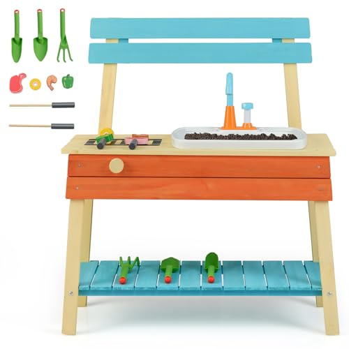 GYMAX Kids Mud Kitchen, Wooden Toy Kitchen with Removable Sink, Grill Rack, Circulation Faucet and Gardening Accessories, Outdoor Cooking Role Playset for 3-8 Years Old