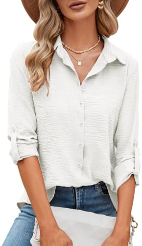 Odosalii Womens Blouses Rolled Up Long Sleeve V Neck Button Down Shirt | Elegant Work Office Business Casual Tunic Tops
