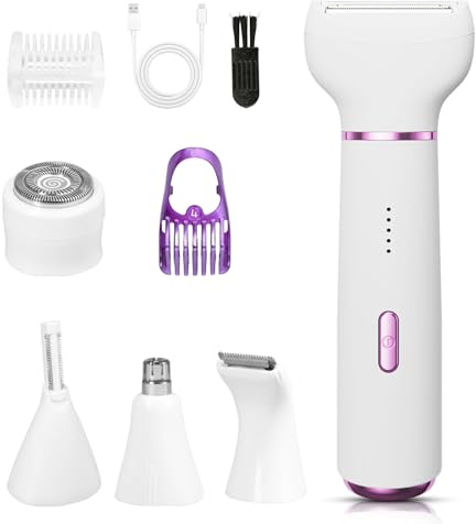 Rasoio Elettrico Donna5 in 1, Shaver Rasoio Donna, 2 Velocità Rimuovi Peli Viso, Rifinitore Naso & Sopracciglia, Secco & Umido per Bikini, Ricaricabile USB