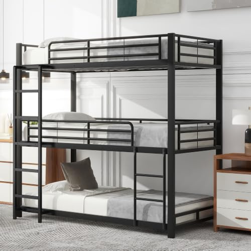 Utrymme: 90 x 200 cm, svart, stålram, trippel våningssäng, sovsystem med tre liggytor, integrerade stegar, skyddsgaller, 120 kg, lastkapacitet för WG-rum (utan madrass)