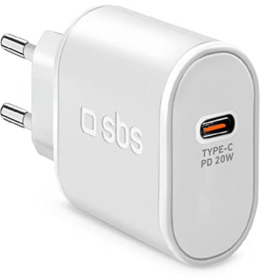 SBS Alimentatore USB-C 20W, Power Delivery (PD), Ricarica Rapida, Compatto, Caricatore per iPhone, iPad, Airpods, Samsung, Pixel, Tablet, Smartphone, Bianco