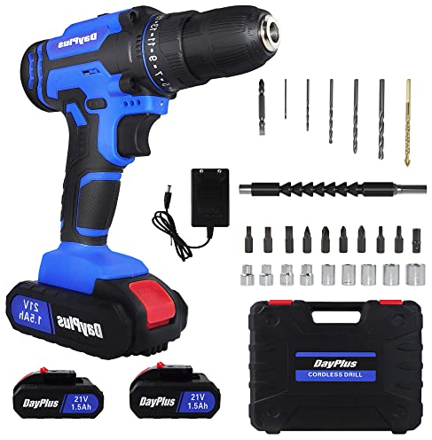 Akku-Bohrmaschine,21V Akku Bohrer mit 3 Funktionen,Akku Bohrschrauber mit 2 Li-Ion Batterien,1H Schnellladegerät,26 Stück Bohrkit enthalten, 25+1 Drehmomentstufen mit 2 variable Geschwindigkeiten