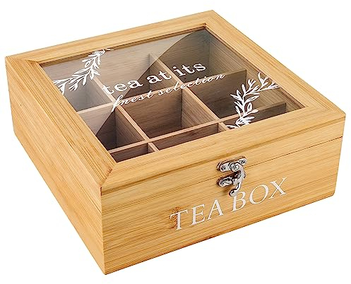 DearCal Wooden Tea Storage Box-Tea Box Tea Bag Organizer with 9 compartments -Tea Bag Holder Tea Chest Container for Tea Bags,Sugar, Coffee Pods (Wooden)