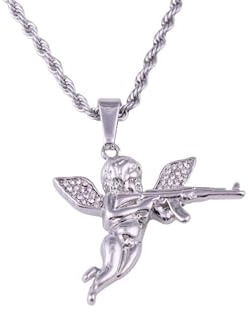 ZZ ZINFANDEL Gold Angel Necklace Gun Necklace Pendant Chain,Cubic Zirconia Mens Angel Wings Necklace Choker,Sparkled Cupid Chain Stainless Steel Hip Hop Jewelry (Silver)