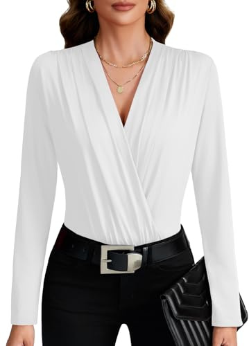 LYANER Women's Wraped V Neck Ruched Long Sleeve Leotard Bodysuit Top White# Medium