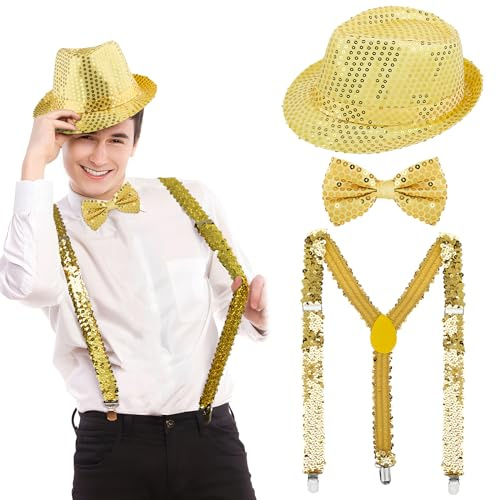 BOFUNX Tirantes Pajaritas Disfraz Hombre Mujer Sombrero Tirantes y Pajaritas con Purpurina Accesorios Disfraces Brillantes para Fiesta Navidad Carnaval Bailes