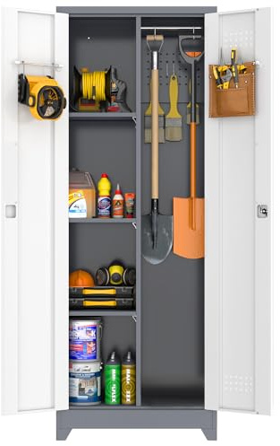 GREATMEET 65'' Metal Utility Storage Cabinet with Pegboard & Tool Hanging Bars, Double Door Cleaning Supply Organizer with Adjustable Shelves, Garage Utility Tool Storage Cabinet, Gray White
