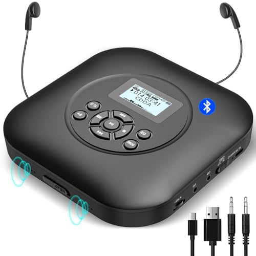 Lecteur CD Portable Bluetooth avec Haut-parleurs, Lecteur CD Rechargeable 1800 mAh Portable avec Protection Contre Les Chocs/Protection Anti-Glissement, Casque et câble auxiliaire, pour Voiture.