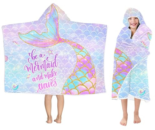 Mermaid Hooded Beach Towel for Girls - Kids Poncho Towel With Tail, Soft Absorbent Bath Towel With Hood, Pink Scales, 30x50 - Bathrobe for Swim Pool Bath