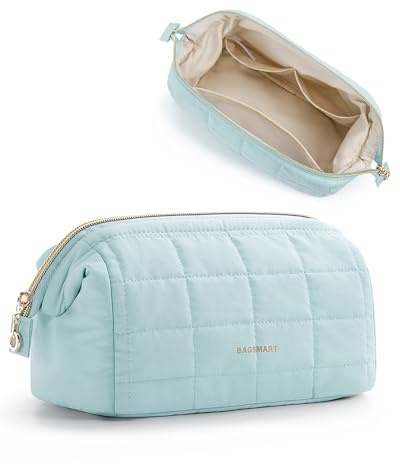 BAGSMART Make Up Tasche Schminktasche Klein Kosmetiktasche Damen, Reise Kulturbeutel, Reiseutensilien, Weit Zu öffnende Tasche Makeup Bag Lichtblau