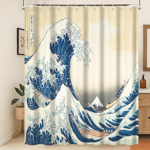 Xiaoterna Traditional Japanese Painting Shower Curtain Japanese Ocean Waves Bathroom Curtain Abstract Sea Wave Wooden Boat Shower Curtain Washable Waterproof Fabric Bathroom Decoration 105x160cm