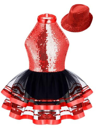 inhzoy Vestito da Pattinaggio Artistico Bambina con Cappello di Paillettes Abito tutù Danza Ballerina Body Danza Classica Ginnastica Ritmica Costume da Ballo Latino Americano Rosso 11-12 Anni