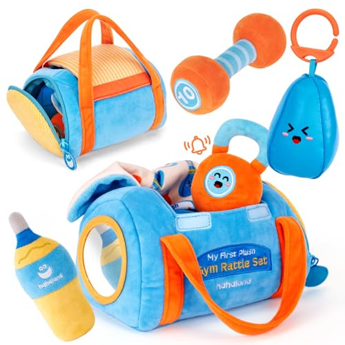 hahaland Giochi Montessori 6 Mesi, 6 PCS Set Peluche Fitness per Neonati con Sonagli e Specchio, Tummy Time Neonato Giochi Sensoriali per Neonati, 2025 Nuovo Design Set Regalo Neonato 3 6 9 12 Mesi