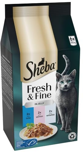 SHEBA Fresh and Fine Cat Pouches with Tuna and Salmon in Jelly 8 x 6x50g– Delicious Tuna and Salmon Cat Food in Jelly