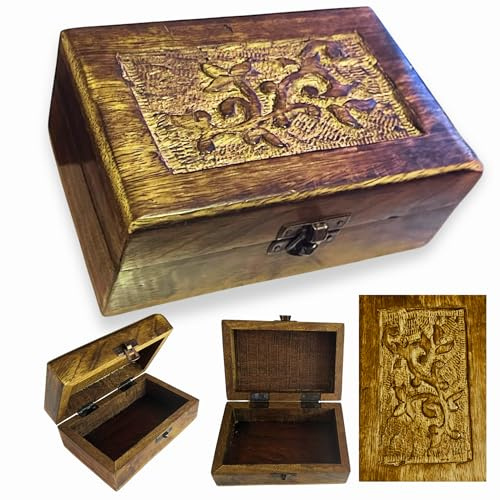 Cofre de Madera Tallado a Mano | Caja Decorativa Arbol 7 Chakras para Joyas, Recuerdos Monedas Alhajas y Tesoros | Organizador Vintage Artesanal India | Regalo Original para Hombre y Mujer Niña