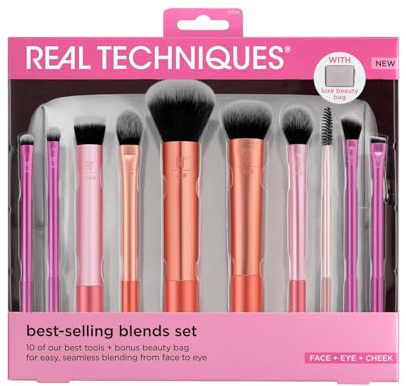 Real Techniques Blends Set, 10-Piece Makeup Brush Collection with Beauty Bag for Face and Eye, Use with Liquid, Cream, or Powder, Vegan, Cruelty-Free, Travel-Friendly, Easy to Clean