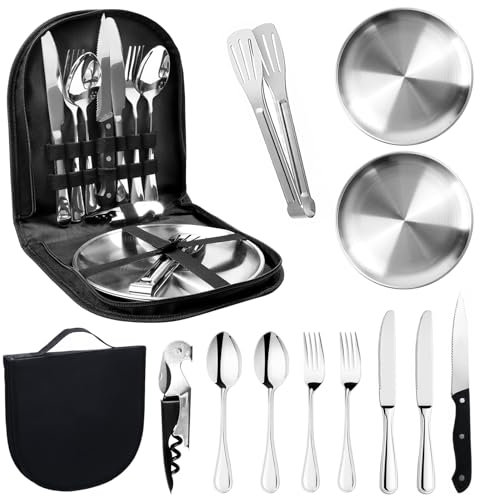 Ensemble de vaisselle de camping pour 2 personnes en acier inoxydable - 11 pièces - Avec cuillère, fourchette, couteau, assiette et pince - Vaisselle d'extérieur pour camping, pique-nique, barbecue et