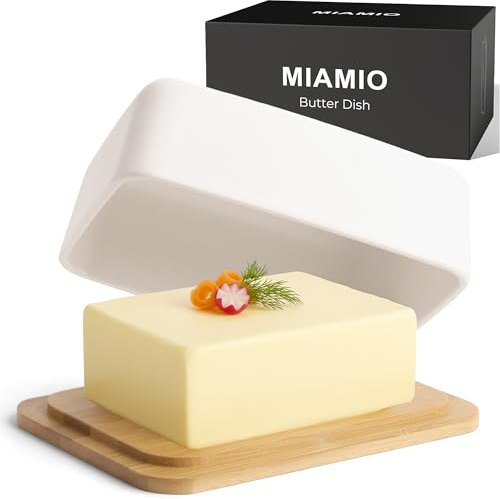 MIAMIO - Beurrier con Coperchio per Piano di Lavoro (620 ml) Beurrier in Ceramica / Supporto per Burro e Contenitore con Coperchio in Bambù, Beurrier per Frigorifero