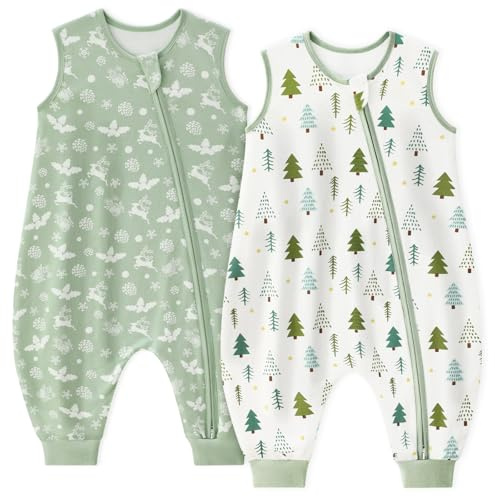 Unnivoll Sacco nanna per bebè con piedi, 1,0 Tog, sacco a pelo estivo per bambini, 2er Pack, in cotone, sacco nanna con gambe, soffice, 100 cm, per ragazzi e ragazze, motivo: albero verde